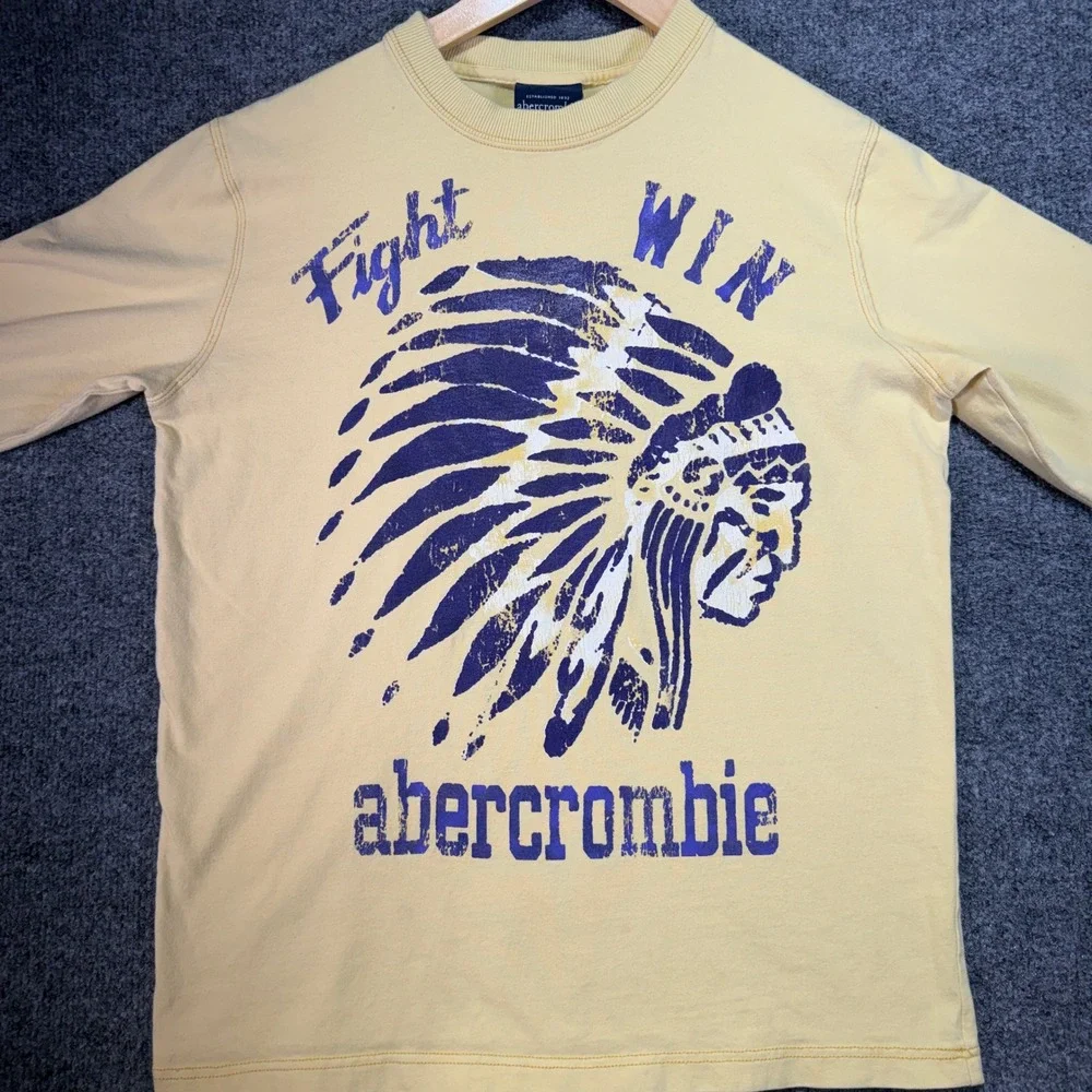 Abercrombie & Fitch T-Shirt Men XL Yellow Fight WIN Headdress Indian Vintage Y2K